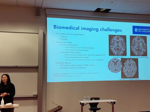 PhD student Mengyu Li presented her research project "A deep learning-based MRI segmentation method for the brainstem and other deep brain structures" at the Biomedical and Health Sciences Conference 2023, University of Iceland, Reykjavik, Iceland, on May 24th, 2023.